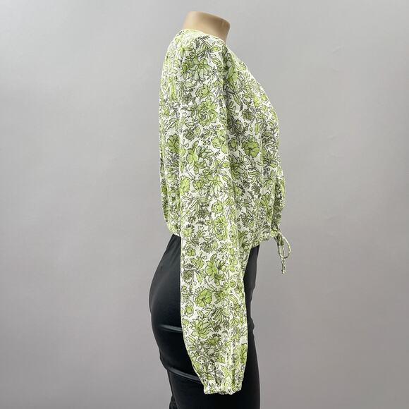 J. Crew Long Sleeve Linen Cropped Top Tossed Floral Green Women's Size Large - Picture 7 of 13